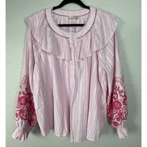 SAVANNA JANE Top Womens 1X Pink Floral Embroidered Ruffled Blouse Peasant Boho